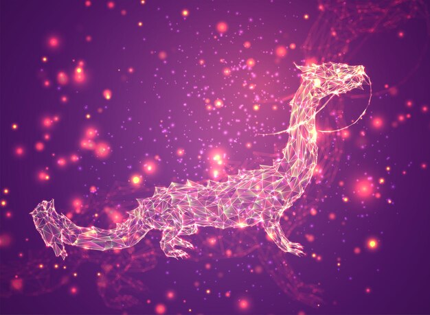 Vector vector long dragon snake on a pink background in the style of triangular crystals with a glow