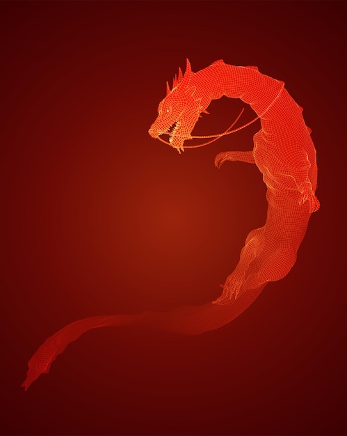 Vector long dragon snake on red background in 3d polygon style