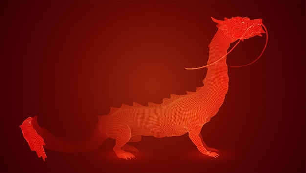 Vector long dragon snake on red background in 3d polygon style