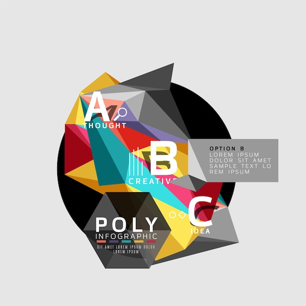 Vector low poly abstract infographics Vector polygonal background with A B C options created with triangles for workflow layout diagram number options or web design