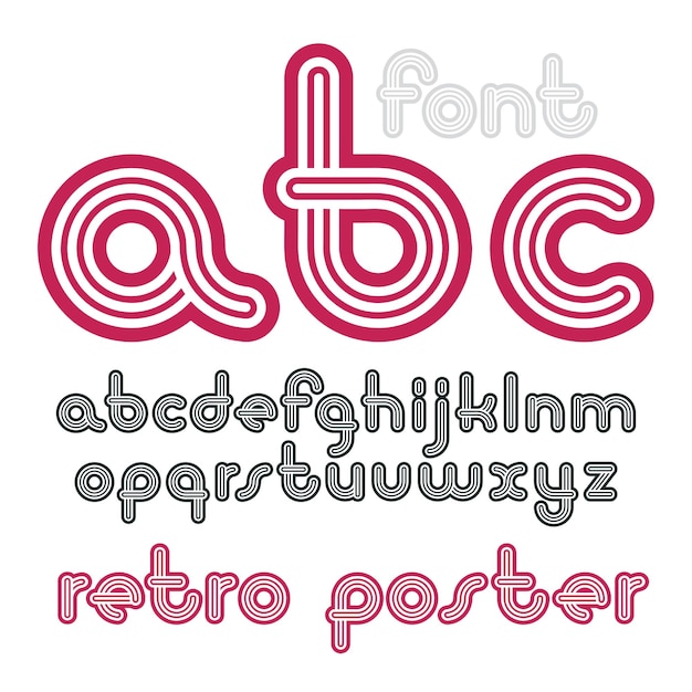 Vector lowercase funky disco alphabet letters set. Trendy font, typescript for use in logo creation. Created using geometric triple stripes.