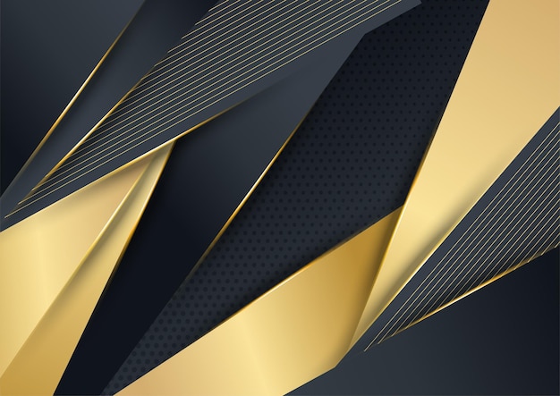 Vector luxury tech background. Stack of black paper material layer with gold stripe. Arrow shape premium wallpaper