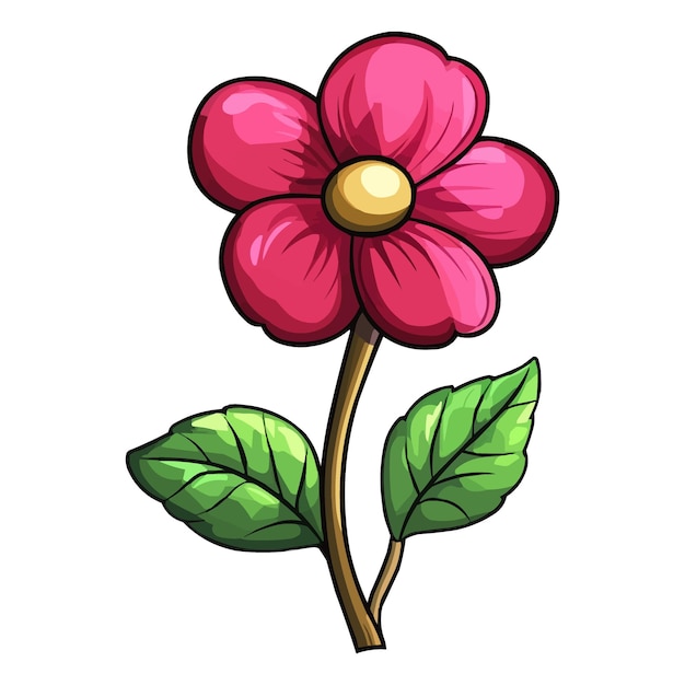 vector magenta dahlia flower clipart with green leaves on the stem