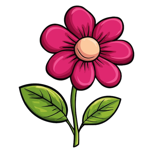 vector magenta dahlia flower clipart with green leaves on the stem