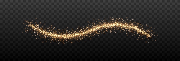 Vector magic dust trail png. Gold dust, golden light on an isolated transparent background.