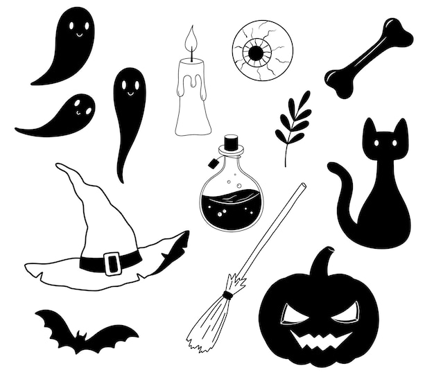 Vector magic flask with poison potion pumpkin bat ghost and ghosts Set of Illustrations for Halloween isolated on white