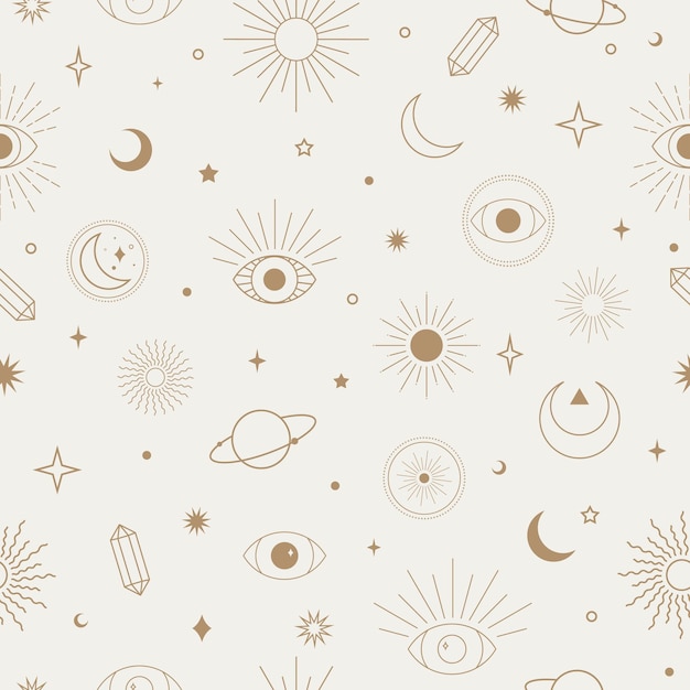 Vector vector magical seamless repeat pattern with constellations sun moon magic eyes and stars