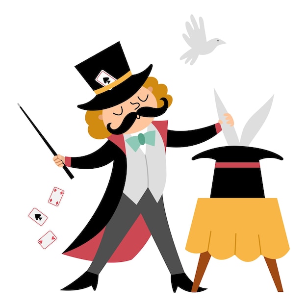 Vector magician icon Circus artist clipart Amusement holiday man showing trick with rabbit Cute funny festival juggler clip art Street show wizard illustration with hat rabbit dove playing cards