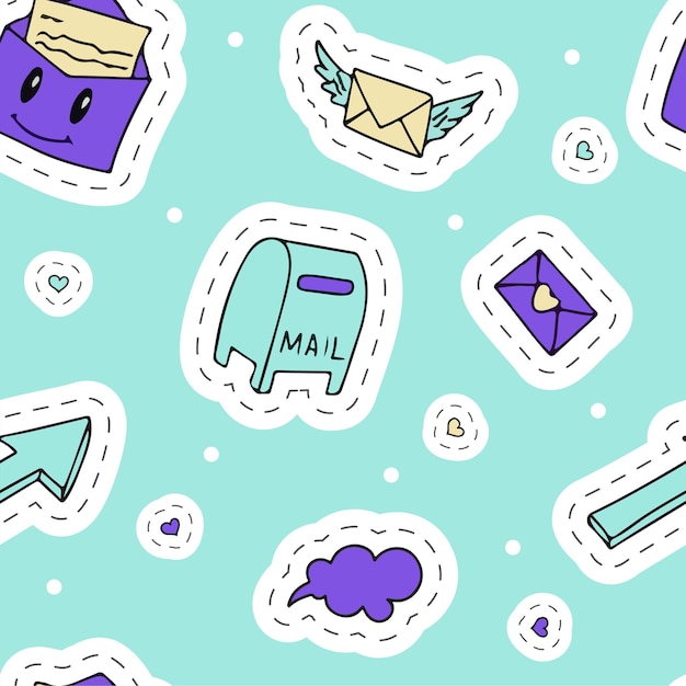 Vector mail doodles Seamless Pattern. Icons with paper envelopes, letters, email. A children s notebook in a cage with drawings of postal items. Hand-drawn elements for email