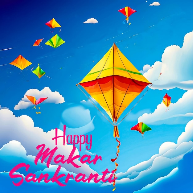 Vector Makar Sankranti festival in clear blue sky with kites banner template