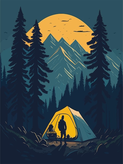 Vector of a man camping in the forest standing in front of his tent