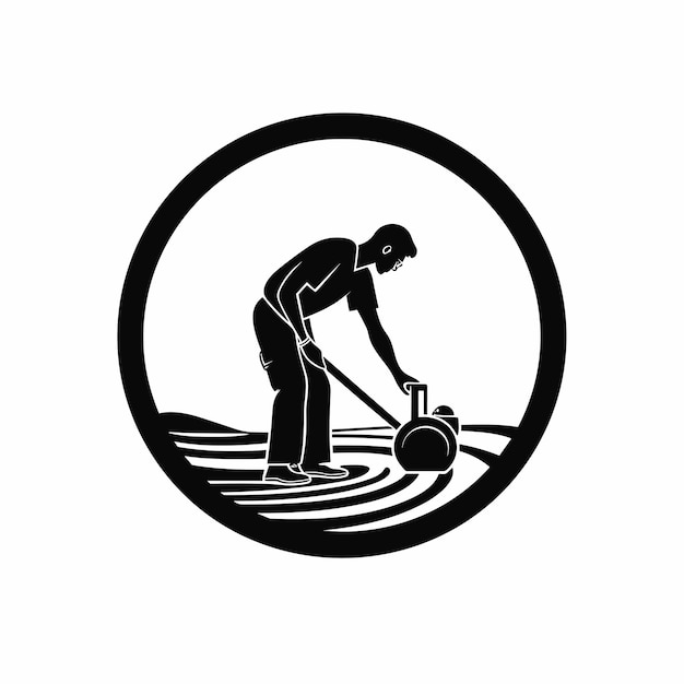 Vector of a man mowing a lawn with a vintage black and white vibe