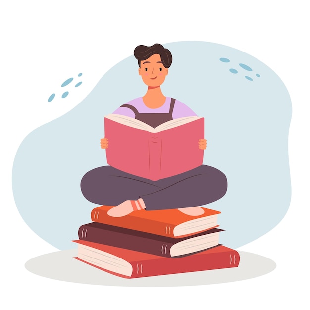 Vector man reads book guy sitting on stack of books education library literature concept