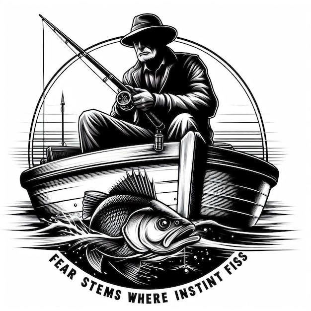 Vector a man sitting in a boat with a fish