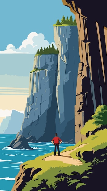 Vector vector of a man stands on a cliff overlooking the ocean