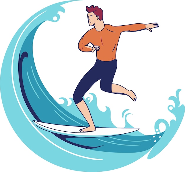 Vector man surfing on ocean waves white background