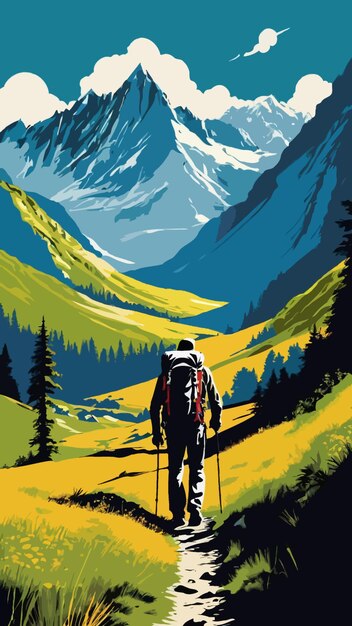 Vector vector of a man trekking with a backpack walks through a mountain landscape