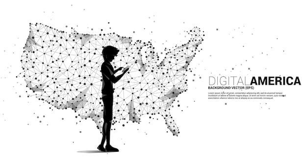 Vector Man use mobile phone with United States map from Polygon dot connect line. Concept for America digital network connection.