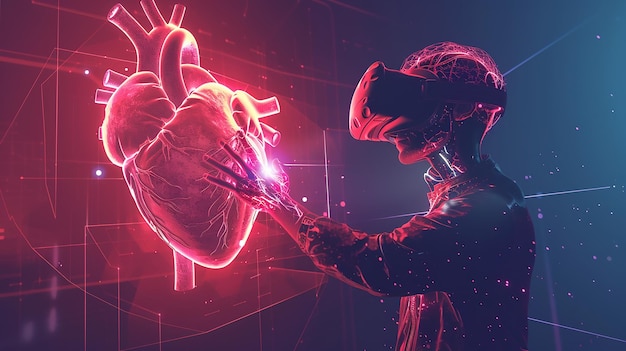 Vector vector man in vr headset touching big abstract heart with virtual protection of human heart