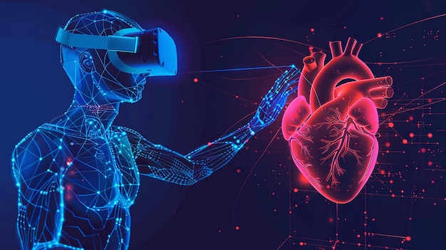 Vector vector man in vr headset touching big abstract heart with virtual protection of human heart