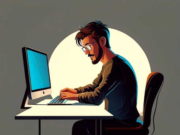 Vector Man working on computer at home isolated