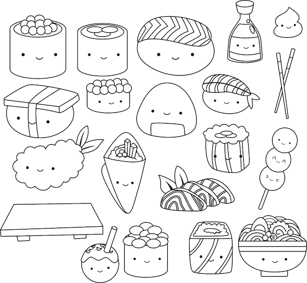 a vector of many types of sushi and Japanese food in black and white