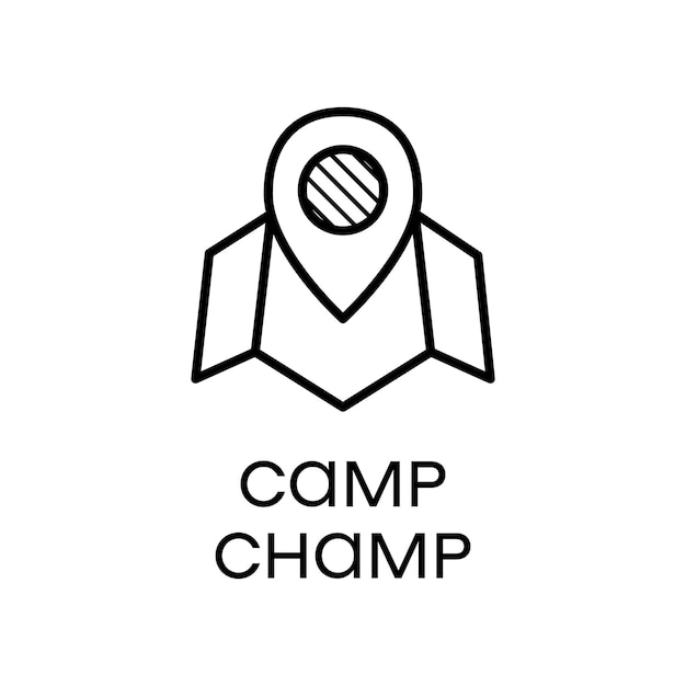 Vector map pin and Camp Champ text against white background