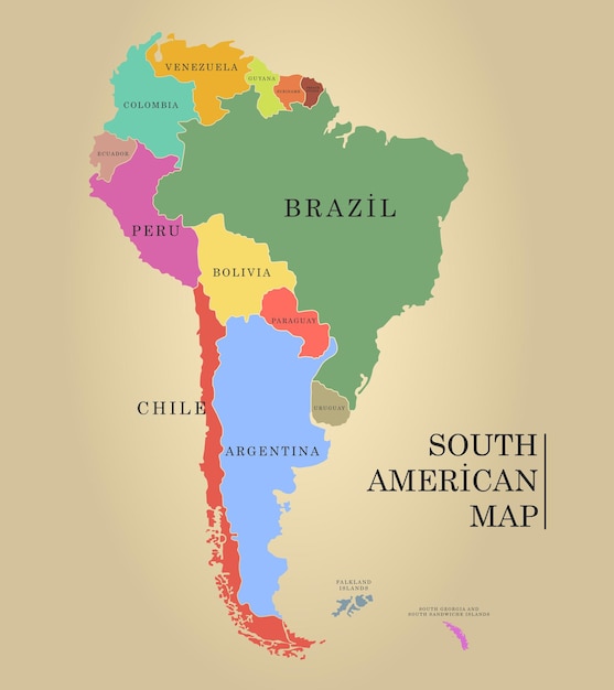 Vector map of south america with countries capitals and major cities