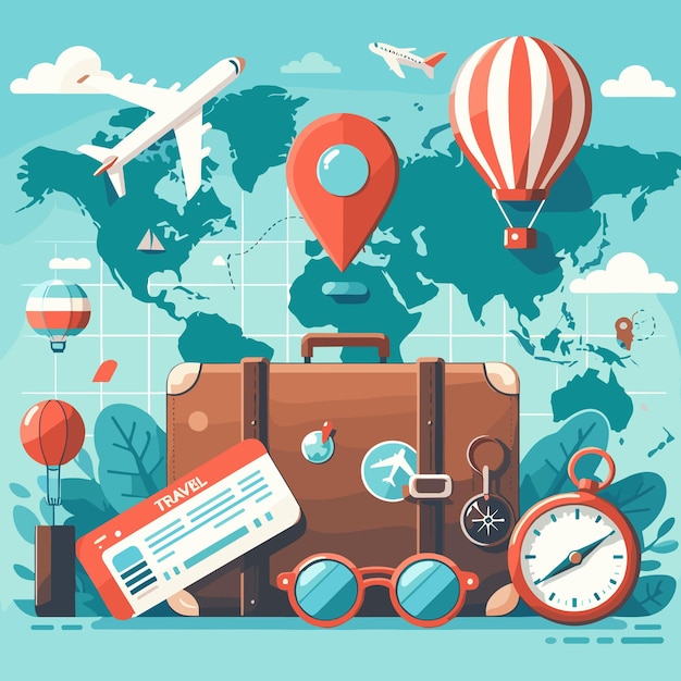 Vector vector map of the world with suitcases and travel items illustration