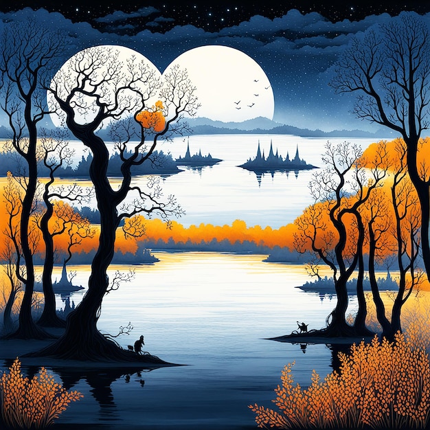 vector masterful surrealism black and white lake landscape