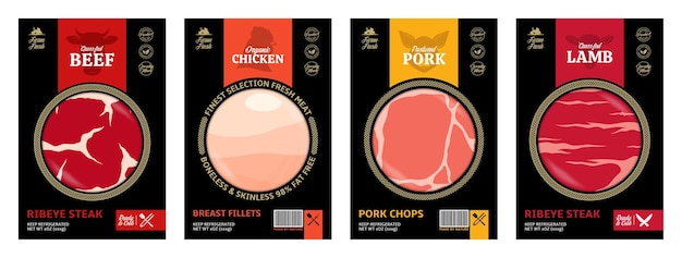 Vector meat packaging, meat textures, farm animal icons