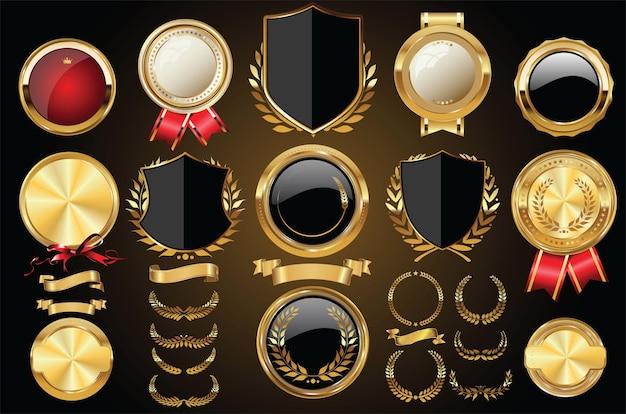 Vector medieval golden shields laurel wreaths and badges collection