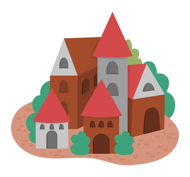 Vector Medieval village icon isolated on white background Magic kingdom picture Stone and wooden building set Countryside with towers houses trees Fairy tale country illustrationxA