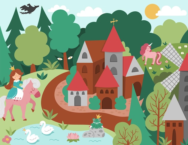 Vector Medieval village landscape with princess and pink unicorn Magic kingdom picture Stone and wooden building surrounded by magic forest Fairy tale fantasy country illustrationxA