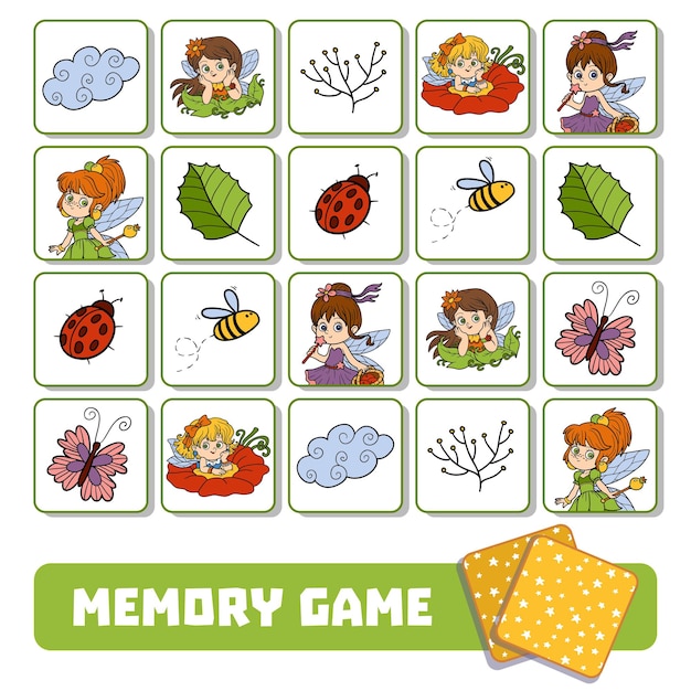 Vector memory game for children, cards with fairies and natural objects