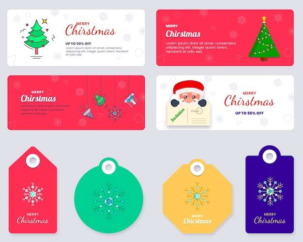 Vector Merry Christmas card set background banner design. flat style vector poster illustration