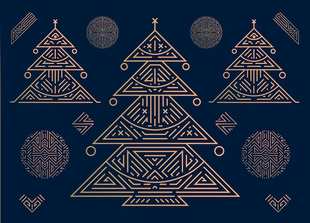 Vector Merry Christmas and Happy New Year golden greeting card banner poster background Art deco geometric christmas card on navy blue background Linear shiny Christmas tree