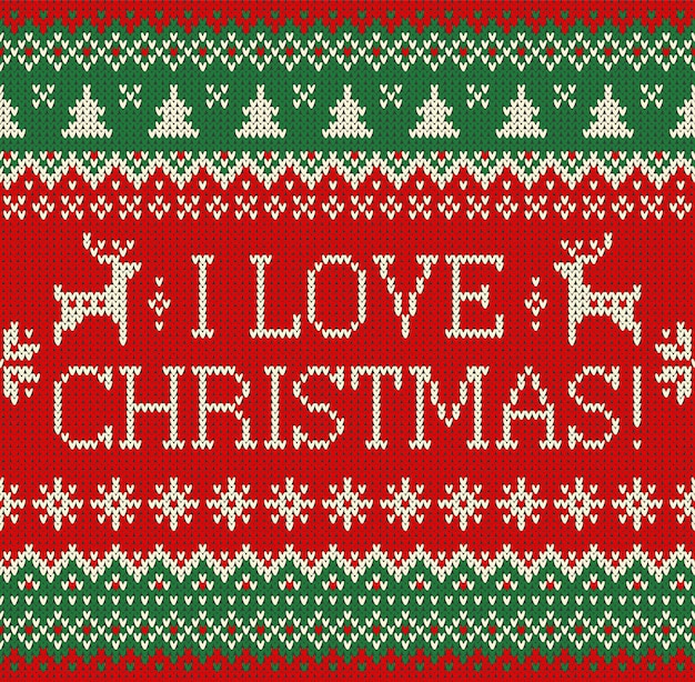 Vector Merry Christmas and New Year knitted pattern with Christmas balls snowflakes and fir