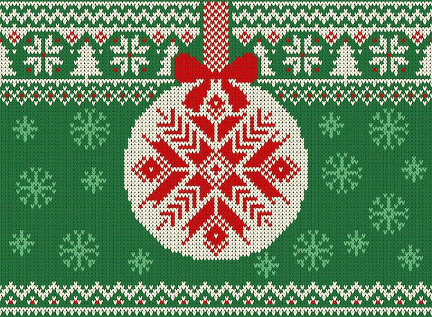 Vector Merry Christmas and New Year seamless knitted pattern with Christmas balls, snowflakes and fir for scandinavian style.