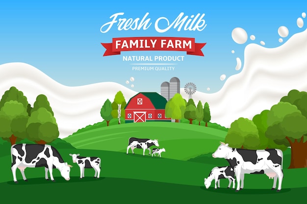 Vector milk illustration with cows, calves, farm and milk splash