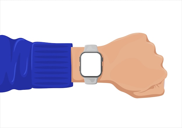 Vector Mock-up of a rectangular smart watch on the arm in a flat style, isolated on a white background.