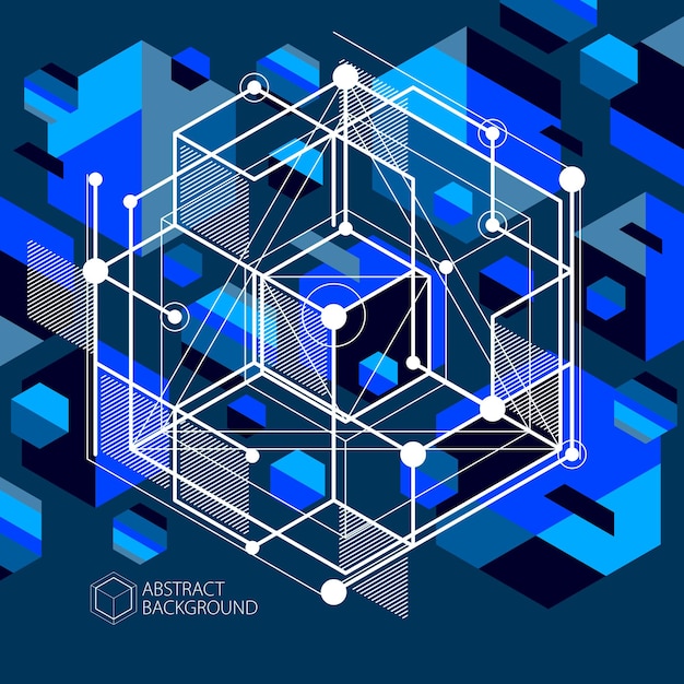 Vector of modern abstract cubic lattice lines blue black background. Layout of cubes, hexagons, squares, rectangles and different abstract elements. Abstract technical 3D background.