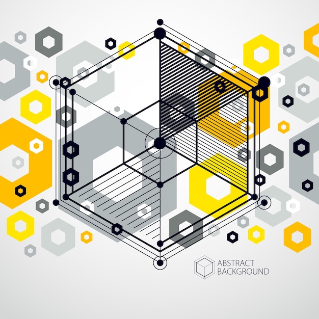 Vector of modern abstract cubic lattice lines yellow background. Layout of cubes, hexagons, squares, rectangles and different abstract elements. Abstract technical 3D background.