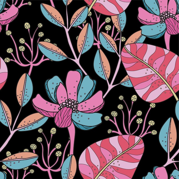 Vector modern art florals seamless pattern with black background