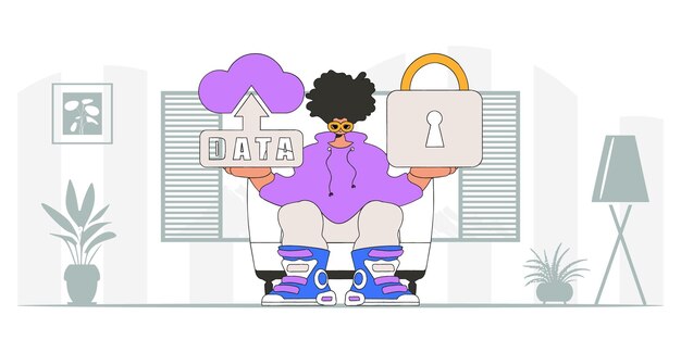 Vector vector modern character style depicting a man with a padlocked cloud storage.