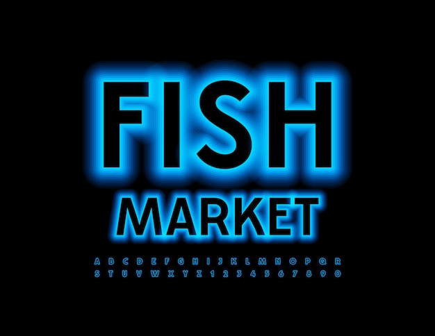 Vector modern logo Fish Market Blue glowing Font Neon light Alphabet Letters and Numbers set