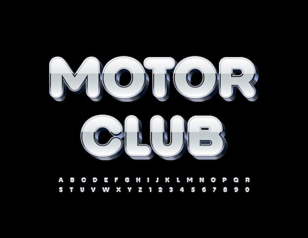 Vector modern logo Motor Club 3D Silver and White Font Set of Stylish Alphabet Letters and Numbers