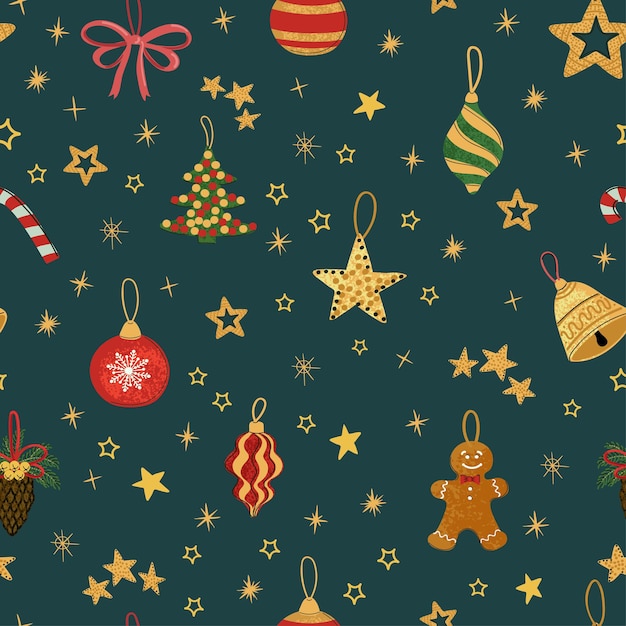 Vector modern seamless pattern with colorful hand draw illustration of Christmas decorations. For wallpaper, textile print, fills, web page, surface textures, wrapping paper, design of presentation