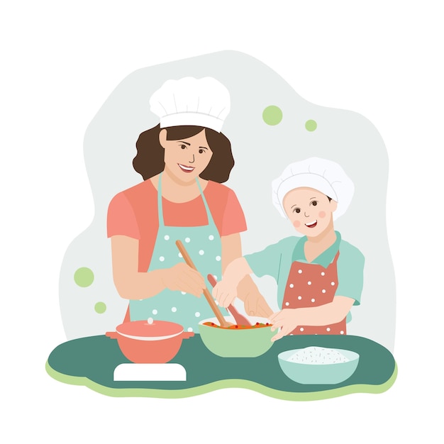 Vector Mom and kid cooking and baking concept illustration mother's day