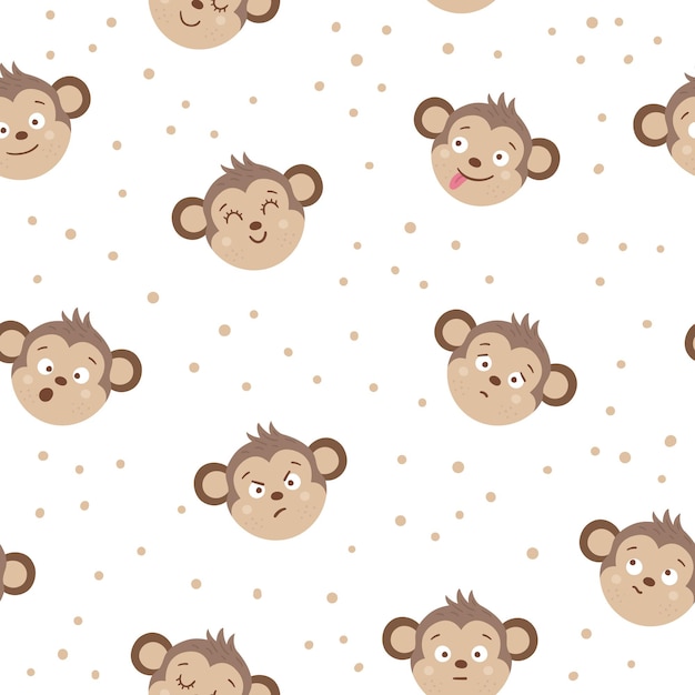 Vector monkey faces with different emotions. Set of animal emoji stickers. Heads with funny expressions isolated on white background. Cute avatars collection